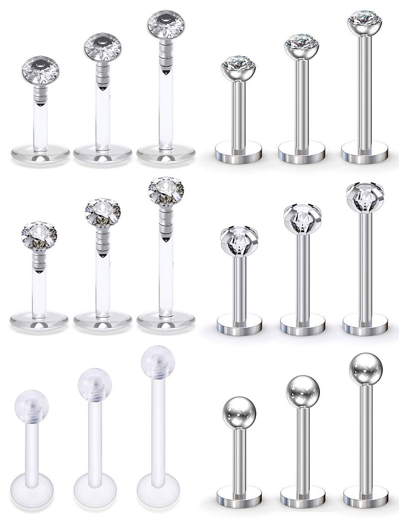 SCERRING 16G Lip Rings 3mm Clear CZ Labret Monroe Lip Ring Tragus Nail Helix Earring Stud Piercing Jewelry Bar Length 6mm 8mm 10mm 18PCS - Image 1